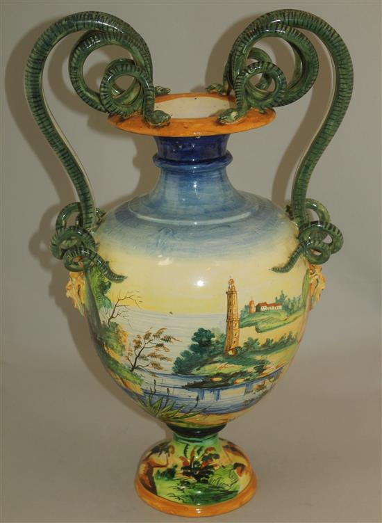 A Cantagalli style maiolica twin handled vase, late 19th / early 20th century, 54.5cm